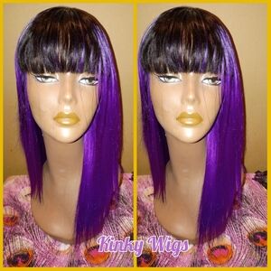 SOLD!12 Inch Purple Black Straight Bob With Bangs Human Blend Hair Wig